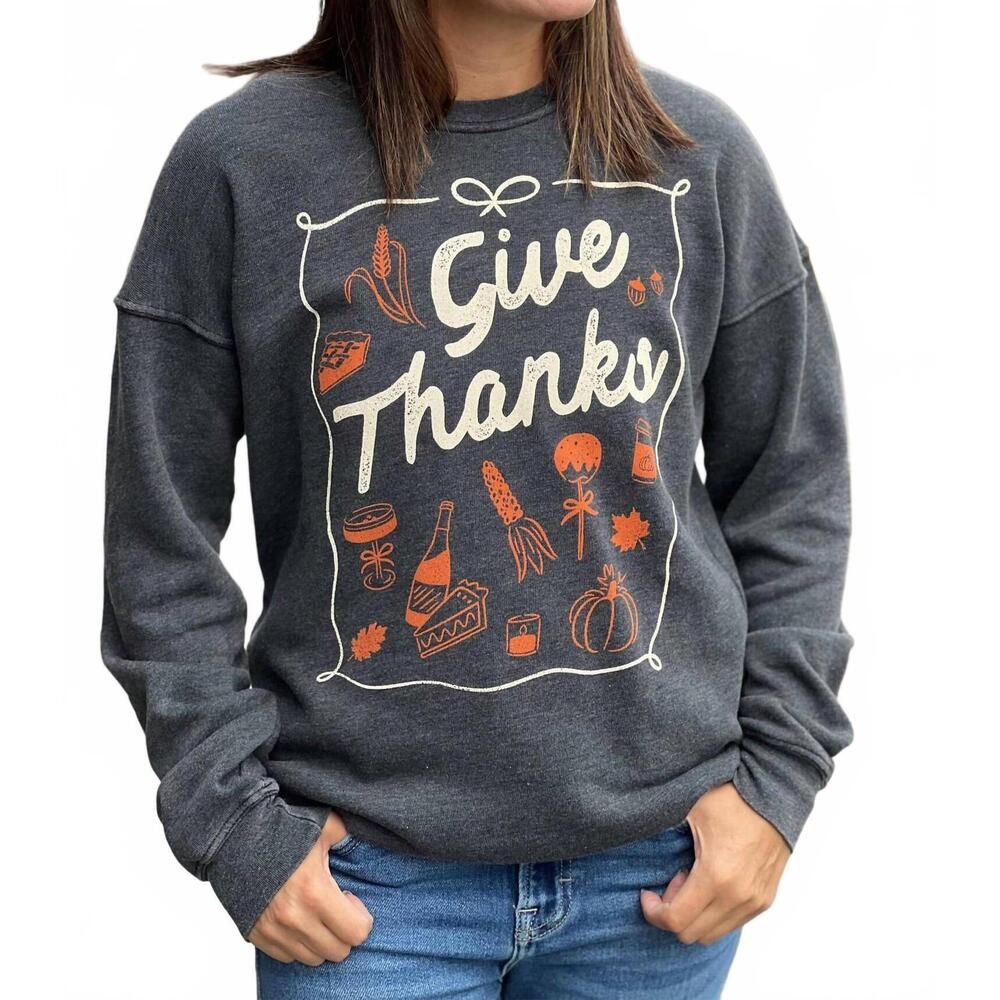 NEW HRT & LUV women's give thanks mineral sweatshirts in gray